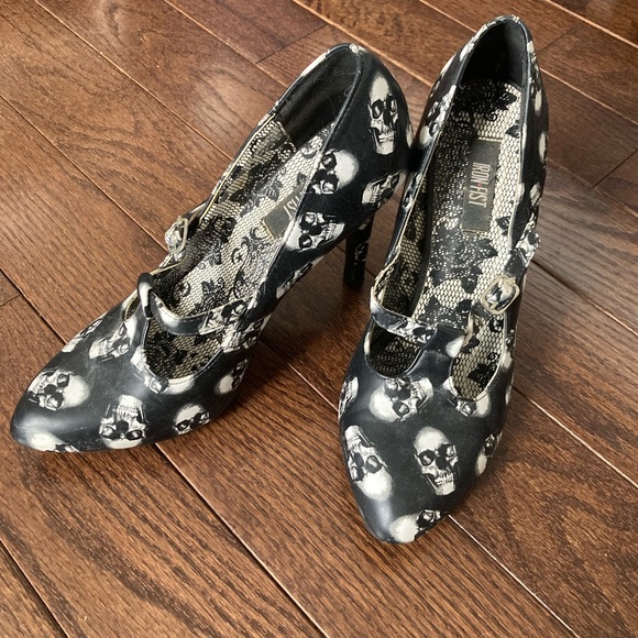 Iron Fist Shoes - Iron Fist Black and White Skull Mary Jane Heels